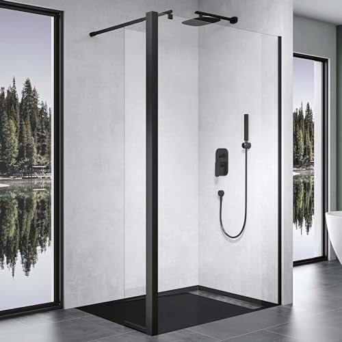 Mai & Mai Walk-In Duschwand für Dusche Duschabtrennung 50x200cm 10mm Klarglas mit 30cm Nebenteil ESG-Sicherheitsglas mit Nanobeschichtung Runder Stabilisator Bremen02K-Plus Schwarz