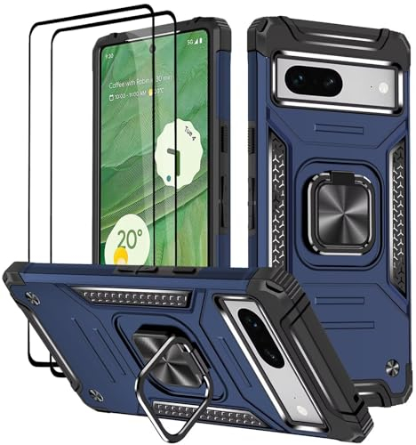 KANSi Coque pour Google Pixel 7A, Verre Trempé [2 Pièces] + Housse TPU Silicone Rotation 360° Aimant Anneau Support Double Défense Protection Etui - Bleu