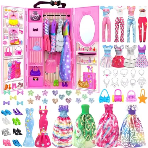 82 Stück Kleidung Schmuck Zubehör für Puppen Kleiderschrank für 11,5 Zoll Puppe - Modedesign Puppen Set mit Hochzeitskleid Mode Kleider Outfits Oberteile und Hosen Taschen für Mädchen Geschenk