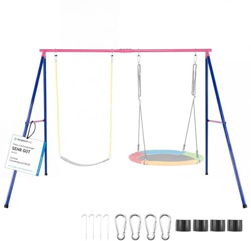 COSTWAY Estructura Resistente para Columpio hasta 250 kg, Estructura en Acero con Forma de A para Columpio con Palos, Mosquetón y Cobertura en los Pies, Parque Infantil Jardín Parque (estructura roja)