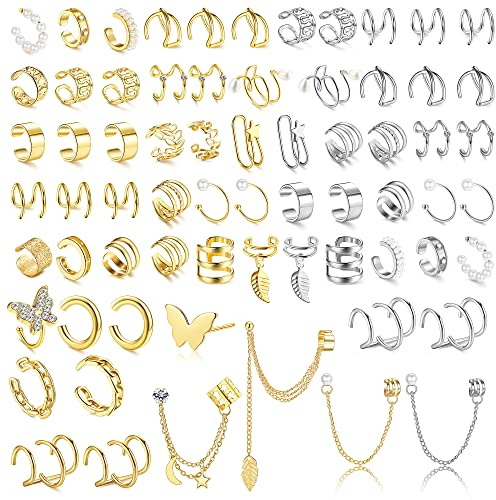 FIOROYAL 66 Pcs Faux Piercing Oreille Ear Cuff pour Homme Femme, Doucles d'Oreilles à Clip Or Argent, Réglables Manchette Oreille, Clip Oreille Non Piercing