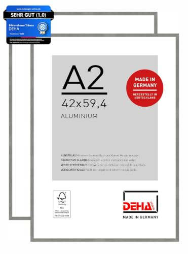 DEHA Design Aluminium Bilderrahmen Tribeca, 42x59,4 cm (A2) 2er Set, Grau | Aluminium Posterrahmen im Hoch- & Querformat zum Aufhängen Grau gebürstet bruchsicheres Kunstglas