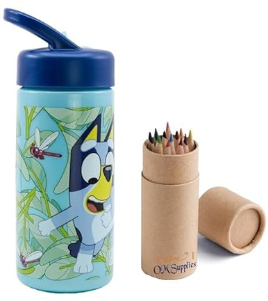 OM SUPPLIES Characters Reusable Sipper Water Bottle Drink Bottle with built-in handle for Easy Carry School Lunch Kids Childrens 410ml (Blue)