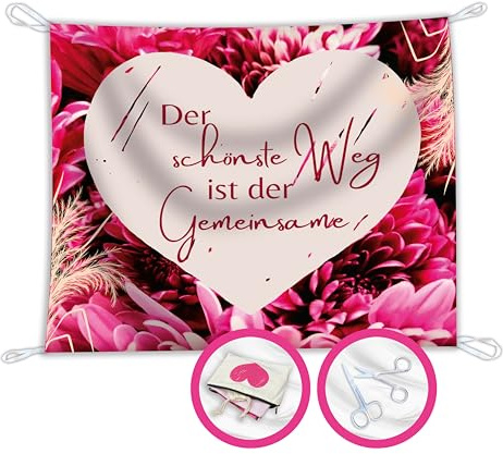 Salilena® Hochzeitsherz zum Ausschneiden (200x180cm) inkl. 2 Scheren und wiederverwendbarem Zip Beutel aus Baumwolle - Hochzeitsherz zum Ausschneiden einzigartiges Design - Standesamt Überraschung