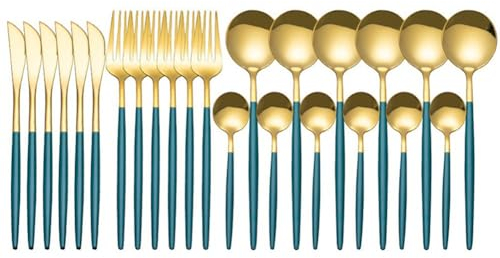 Desikixudy 24 PièCes Ensemble de Vaisselle en Acier Inoxydable Couverts CuillèRe Fourchette Couteau Western Cutleri Argenterie Couverts, Vert-Or
