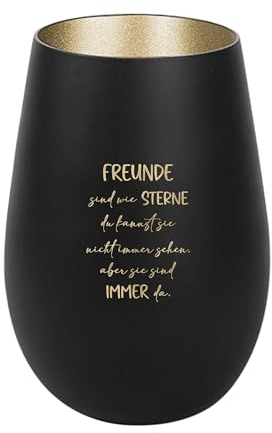 Der-Porzellan-Laden Windlicht mit Gravur Freunde sind wie Sterne, Schwarz Gold, Teelichthalter aus Glas mit Spruch, Tischdeko modern