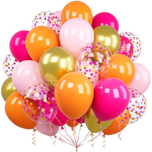 Ousuga Palloncini Rosa Arancioni, 60 Pezzi 12 Pollici Palloncini Rosa Pastello Opaco Caldo Arancione Metallizzato Oro Coriandoli Palloncini Lattice per Compleanno Addio al Nubilato Matrimonio Nuziale