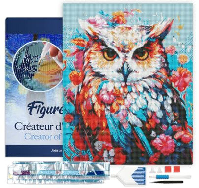 Figured'Art Diamond Painting Erwachsene 40x50cm Mit Rahmen Ganze Leinwand gespannt Bunte Eule in voller Blüte 5D Bilder Eckige Steine - DIY Set Basteln