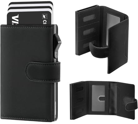 Portafoglio Portacarte Portafogli da Uomo Porta Carte di Credito Pop-Up Portafoglio in Pelle con Blocco RFID, Scomparto per Banconote, Finestra ID, Scomparto per Monete e Chiusura Magnetica