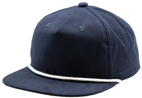 Premium Golf Perforated Performance Rope Cap - Stylish 5 Panel, Retro Flat Bill, UPF 50+, Water Repellent, Navy/White, One size