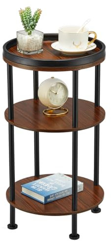YEAKOO Small Round Side Table for Small Spaces, 3-Tier Round Accent Table Slim Side Table, Modern Sofa Corner Table for Living Room Nightstand Bedroom/Cherry