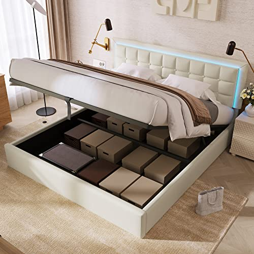 Aoskem Polsterbett Bett 140x200 cm Doppelbett, Bett mit Stauraum Underbett, LED-Kopfteil, Stauraumbett Bettgestell mit Lattenrost, Rückenlehne Funktionsbett Jugendbett, Ohne Matratze, Kunstleder Weiß