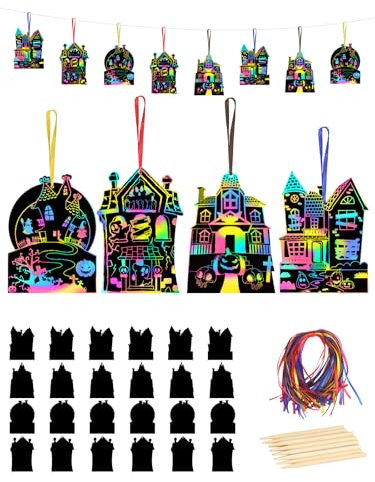 KATOOM 24STK Halloween Geisterhaus Kratzbilder Kinder Kürbis Haus Bastelsets Halloween Mitgebsel Spukhaus Kratzpapier Kürbishaus Scratch Paper Herbst Basteln für Halloween Give Aways Spiele Geburtstag