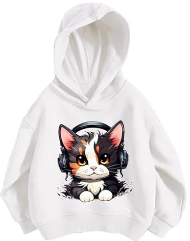 SoLu DAY8 Sweatshirt Hoodie Kids Girls 3-12 Years Fashion Music Cat Graphic Pullover Hoody Tops Girls Winter Long Sleeve Oversized Casual Athletic Cartoon Cute Tops Coat (White, 9-10 Years)
