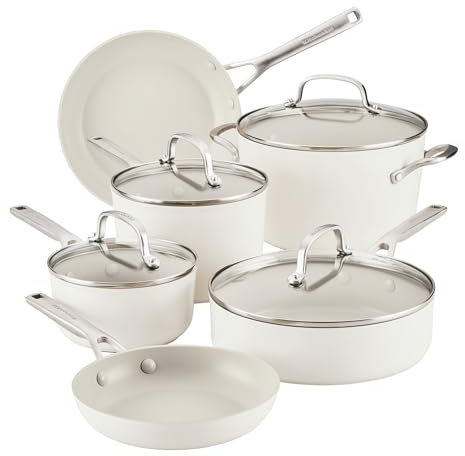 KitchenAid Harteloxierte Keramik-Töpfe und Pfannenset mit Töpfen, Bratpfannen, Suppentopf und Deckeln, 10-teiliges Antihaft-Kochgeschirr-Set mit Edelstahlgriffen, Porzellan-Weiß
