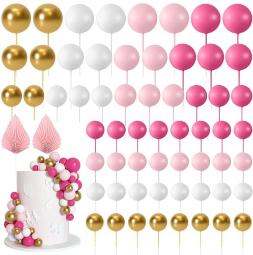 62 Pcs Ball Cake Toppers Set – Pink, Gold & White Cake Balls Decorations for DIY Cakes, Wedding, Birthday, Christmas (Foam Insert Toppers, Non-Edible)