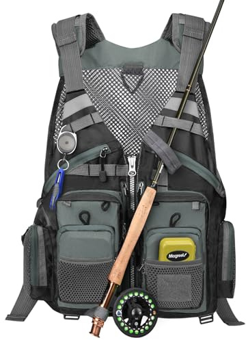 Gonex Fly Fishing Vest for Men Women, Comfortable Adjustable Fishing Vest with Multi-Pockets Reflective Stripes, Gray&Black