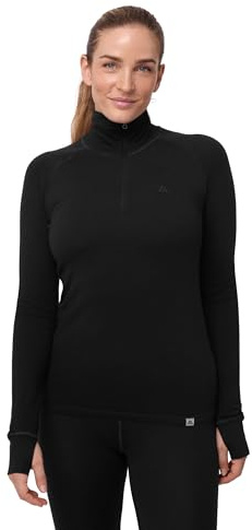DANISH ENDURANCE Merino Wool Half-Zip Thermal Tops Womens, Thermal Long Sleeve Base Layer Top for Winter, Black, M