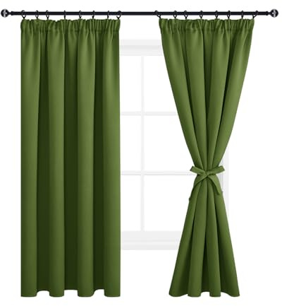 DWCN Oliv Grün Blickdichte Gardinen mit Kräuselband Verdunkelungsvorhänge | 2 Stücke, 160x140cm (Höhe x Breite), Kurz Vorhänge mit Vorhang-Krawatten Kinderzimmer Schlafzimmer Kälteschutz Küche Blackout