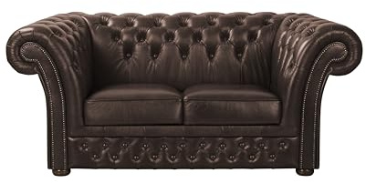 ROYALSOFA Sofa Chesterfield Hampton 2-Sitzer, Ledersofa mit Knopfheftung, Holzrahmen & Gepolsterten Armlehnen, Pflegeleichte Couch, Loungesofa für Wohnzimmer, Büro, Praxis, Kanzlei & Hotel, Braun