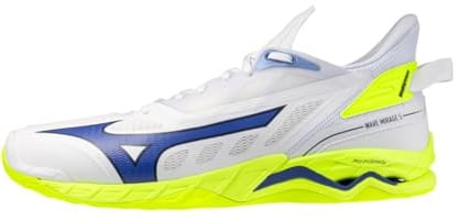 Mizuno Wave Mirage 5 Handballschuhe, weiß, blau, neongelb, leicht, mit dynamischer Dämpfung und Wave-Technologie