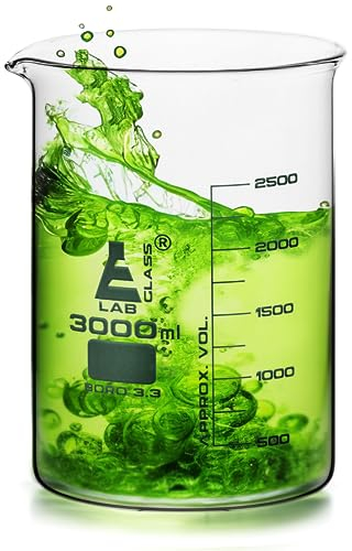 Eisco Borosilicate 3.3 Glass Beaker - 3000ml | Low Form with Spout | 500ml Graduations | 210mm Tall | 147mm Inner and 150mm Outer Diameter | Scientific Glassware for Lab Measurements