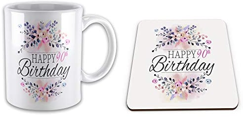 UCG Floral Happy 90th Birthday Novelty Mug & Coaster Set