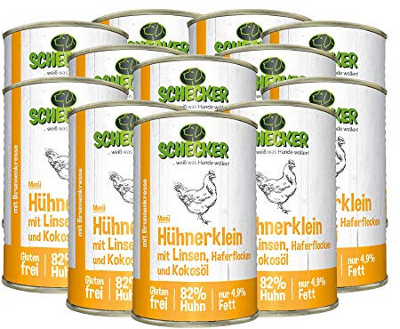 Schecker Nassfutter für den Hund - Hundemenü Hühnerklein mit Linsen und Kokosöl - 12 x 410 g - mit 82% Huhn - Diätfutter - nur 4,9% Fett