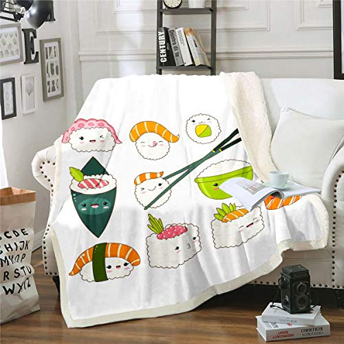 Tbrand Kinder Karikatur Sushi Muster Kuscheldecke Japanischer Stil Decke 150x200cm Nettes Sushi Wohndecke Japanische Küche Flanell Fleecedecke für Sofa