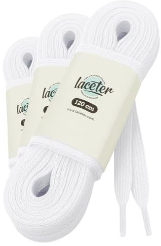 Laceter 3 Paia - Lacci Scarpe Piatti 100% Cotone - Stringhe Scarpe da Sportive Resistenti - Lacci Compatibile con Nike Air Force 1, Air Jordan, Adidas, Converse - Larghezza 8mm - Bianco - 120 cm
