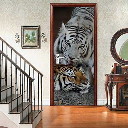 A.Monamour Türtapete Selbstklebend Türfolie Türposter 3D Weißes Und Braunes Tiger Tier Thema Vinyl Folie Türdeko Tapete Wandbild Türaufkleber Türtattoo 85 x 215 cm