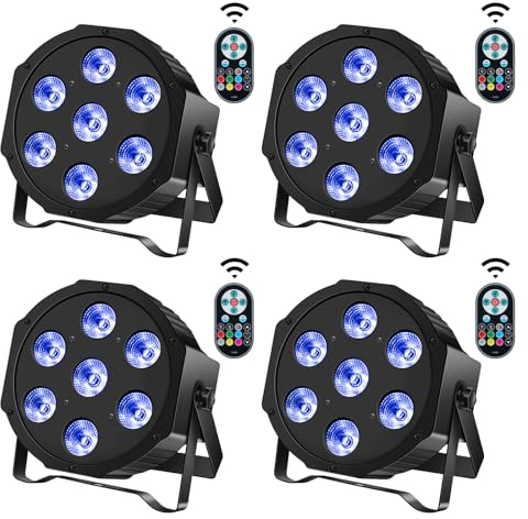 DELIBANG 4PCS RGBW 7 Par LED Éclairage de Scène, Lumière Scène DMX Effets de Lumière Disco avec Télécommande et Activation Sonore pour DJ Lumière de Soirée Bar Concert Halloween Noël