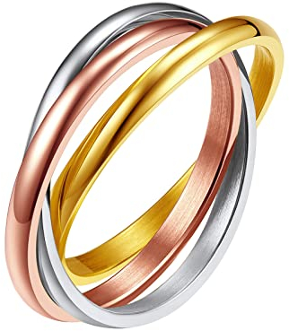 FindChic Damenring aus Edelstahl, 3 verschlungene Ringe, 2 mm, 3 Stück, gekreuzt, niedlich [Silber/Goldplattiert/Rosa/mehrfarbig-47/49/52/54/57/59/62/64/67] Geschenk für Mama, Muttertage, Weihnachten,