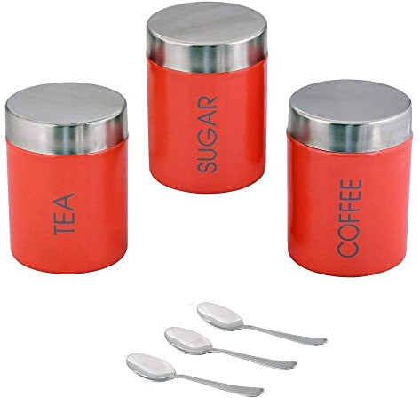 Kosma Set of 3 Stainless Steel Tea Sugar Coffee Canister Sets | Kitchen Storage Jar Sets (Orange) with 3 Tea Sugar Coffee Spoons - Size: 9.5 x 13cm