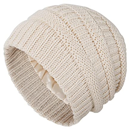 Beanie Mütze für Damen und Mädchen Winter Gestrickte Satin Gefütterte Beanie Hüte Strickmützen für Reisen Camping Skating Skifahren Outdoor Aktivitäten Beige