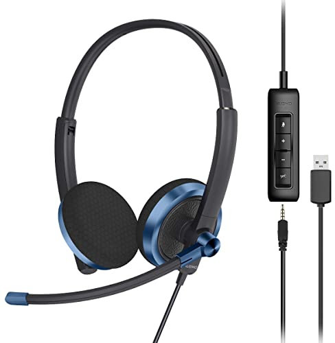 NUBWO USB Headset with Microphone, Computer Headset with In-line Volue Controller Built-in Noise Reduction Sound Card for Works with Team, Zoom Call (Blue)