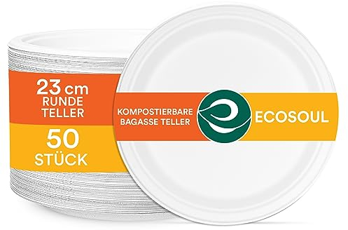 ECO SOUL Compostable White Paper Plates (23Cm) 9 Inch [50-Pack] Heavy Duty Disposable Sugarcane Bagasse Round Plates | Eco Friendly Biodegradable Microwave Safe Party