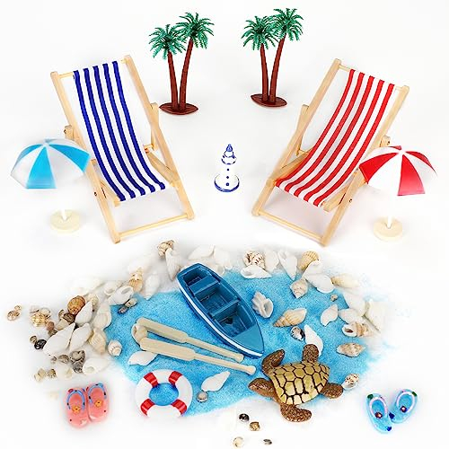 Strand-Mikrolandschaft, 16 Stück Miniatur Dekoration Miniliegestuhl Strandkorb Sonnenschirm Kleine Palme Accessoires, Hawaiisch Strand Torten Dekoration, Geschenk für DIY Puppenhaus Modellbau Garten