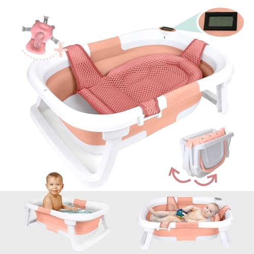 BEBELEH™ Bañera plegable para bebé con termómetro, bañera + cabestrillo para bañera + cabestrillo para recién nacido, bañera para bebés recién nacidos a niños pequeños de 0 a 24 meses, la mejor bañera