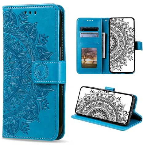 CASEONJAN Handyhülle für Samsung Galaxy S10 Hülle, PU Leder Klapphülle mit [Kartenfach] [Magnetverschluss], Flip Case Handytasche Prägung Schutzhülle für Samsung S10 (Blau)