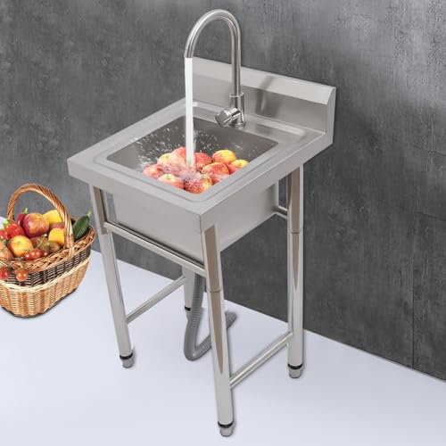 Lavabo autonome en acier inoxydable avec robinet d'eau chaude et froide pivotant à 360°, évier simple commercial pour garage, atelier, buanderie, camping