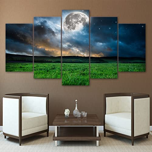 5-Teiliges Leinwandbild,Blume Mond Nacht Traum Traum Poster, Gemälde Auf Leinwand, Wandkunst Für Zuhause, Wanddekoration, (Ungerahmt 200 X 100 Cm) S