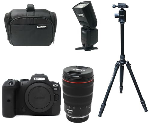 KamKorda Camera Bag + Flash + Tripod + R6 Mirrorless Digital Camera Body + RF 24-70mm f/2.8L IS USM Lens, 20MP Full-Frame CMOS Sensor, 4K60p and FHD 120p 10-Bit Internal Video + 2 Year Warranty