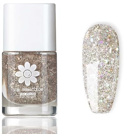 Glitter Nail Polish - Light Gold Sparkly Nail Varnish - High Glossy Shine Champagne Color with Colorful Paillette - Chip Resistant Long Lasting No Need UV Eco-Friendly Nail Art