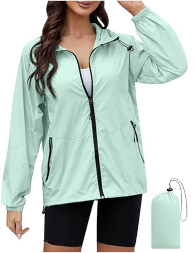 Keepink Jackets for Women UK Packable Raincoat + Storage Bag Plain Windproof Hooded Windbreaker Suncreen Coats Athletic Lightweight Waterproof Jacket with Hood & Zip Pockets Cycling