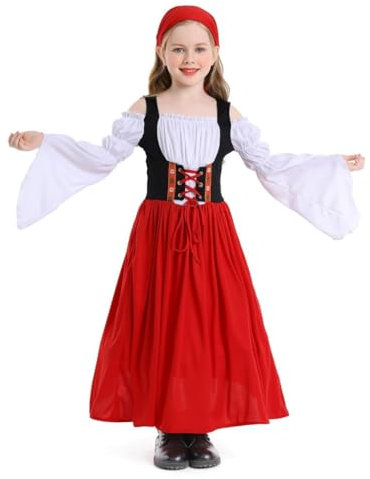 Lito Angels Deguisement Robe Costume Oktoberfest Bavarois Dirndl avec Foulard pour Enfant Fille Taille 8-9 ans, Rouge