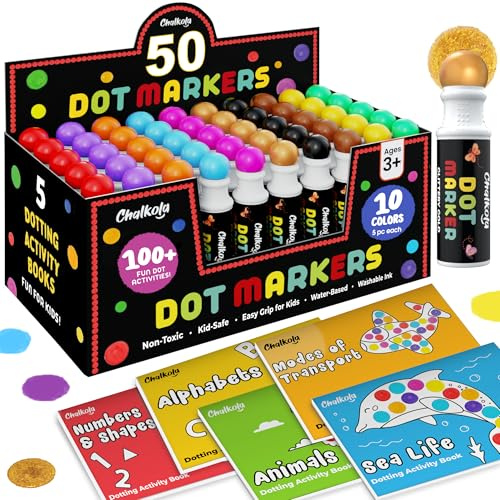 Chalkola 50 Dot Marker Klassensatz (10 Farben inkl. Gold, 5 Malbücher) | Bingo Dabber & Bingo Stifte – Waschbare Stempelstifte für Kinder 3–5 Jahre – Malsachen für Kindergarten & Vorschule
