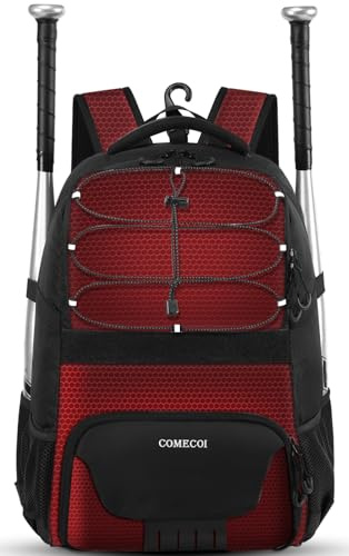COMECOI Softball Bag, Lightweight Baseball Backpack with Shoes Compartment, Baseball Bat Bags with Fence Hook for TBall Bat & Equipment, for Batting Mitten, Helmet, for Girls, Boys, Youth, Adults