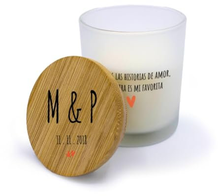 Velas personalizadas con tapa de madera. Velas aromáticas para decoración. Velas para San Valentín personalizadas con nombre. Regalos originales para eventos. (Iniciales 4)