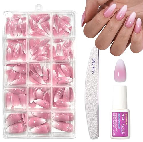 Almond False Nails Set - Ombre Fake Nails with Glue - 150Pcs Medium Press on nails - 15 Size Pink Stick on Nails - Full Cover Nail Tips and Glue for Women DIY French Nail Art Home